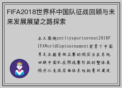 FIFA2018世界杯中国队征战回顾与未来发展展望之路探索